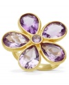Adorn yourself with the season's hottest hues: jewel tones! This eye-catching ring features a beautiful flower shape made from round and pear-cut amethyst (6-9/10 ct. t.w.). Crafted in 18k gold over sterling silver. Size 7.