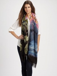 A tropical print in pretty muted shades. 85% modal/15% silkAbout 55 X 78¾Dry cleanMade in Italy A tropical print in pretty muted shades. 85% modal/15% silkAbout 55 X 78¾Dry cleanMade in Italy