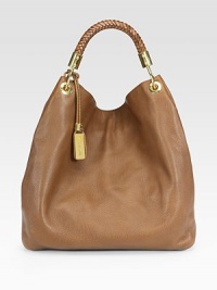 Soft and slouchy pebble-grain leather, finished with a unique woven top-handle.Top handle, 7 drop Magnetic snap closure One inside zip pocket Two inside open pockets Satin lining 13½W X 14H X 5½D Imported Soft and slouchy pebble-grain leather, finished with a unique woven top-handle.Top handle, 7 drop Magnetic snap closure One inside zip pocket Two inside open pockets Satin lining 13½W X 14H X 5½D Imported