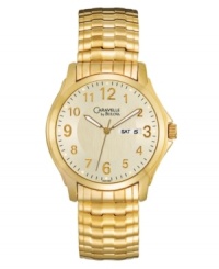 Known for your classic good taste. Watch by Caravelle by Bulova crafted of gold tone stainless steel bracelet and round case. Champagne dial features applied gold tone numerals, minute track, day and date window at three o'clock, luminous hands and logo. Quartz movement. Water resistant to 30 meters. Two-year limited warranty. Known for your classic good taste. Watch by Caravelle by Bulova crafted of gold tone stainless steel bracelet and round case. Champagne dial features applied gold tone numerals, minute track, day and date window at three o'clock, luminous hands and logo. Quartz movement. Water resistant to 30 meters. Two-year limited warranty.