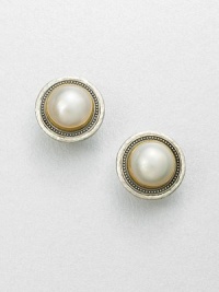 From the Gauntlet Collection. Stunning white mabe pearls set in 24k gold and hammered sterling silver. White cultured mabe pearl18k goldSterling silverSize, about 1Post backImported From the Gauntlet Collection. Stunning white mabe pearls set in 24k gold and hammered sterling silver. White cultured mabe pearl18k goldSterling silverSize, about 1Post backImported