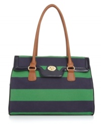 Make a statement this season with a bold striped bag. This preppy design from Tommy Hilfiger features a classic turnlock flap, shiny goldtone hardware and sleek contrast patent piping. Make a statement this season with a bold striped bag. This preppy design from Tommy Hilfiger features a classic turnlock flap, shiny goldtone hardware and sleek contrast patent piping.