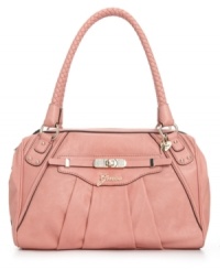 A tailored silhouette takes on a flirtatious look with demure front pleating, faux crystal-embellished turnlock and braided handle detailing. The ample, well-organized interior with plenty of pockets make this GUESS satchel the obvious choice. A tailored silhouette takes on a flirtatious look with demure front pleating, faux crystal-embellished turnlock and braided handle detailing. The ample, well-organized interior with plenty of pockets make this GUESS satchel the obvious choice.