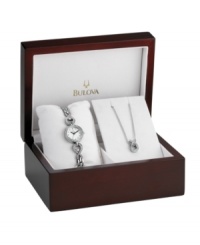 Sweeping loops of crystal dance across the lovely watch and necklace of this box set by Bulova. Sweeping loops of crystal dance across the lovely watch and necklace of this box set by Bulova.