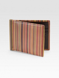 Slim leather case in signature striped leather, crafted in Italy.Eight card slotsCenter bill clip4½W X 3½HMade in Italy Slim leather case in signature striped leather, crafted in Italy.Eight card slotsCenter bill clip4½W X 3½HMade in Italy