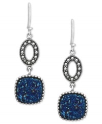 Shapely chic. Genevieve & Grace's drop earrings, set in sterling silver, feature cut-out marcasite ovals suspending squares with blue druzy. Approximate drop: 1 inch. Shapely chic. Genevieve & Grace's drop earrings, set in sterling silver, feature cut-out marcasite ovals suspending squares with blue druzy. Approximate drop: 1 inch.