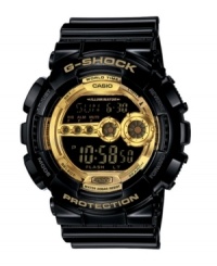G-Shock adds golden swagger to this sport watch. Crafted of black resin strap and round case. Gold tone logo embossed at bezel. Negative display digital dial with gold tone accents features shock-resistance, super illuminator auto LED, flash alert, world time, 5 independent alarms, countdown timer, multi-home time, mute function, 12/24-hour formats and 7-year battery. Quartz movement. Water resistant to 200 meters. One-year limited warranty. G-Shock adds golden swagger to this sport watch. Crafted of black resin strap and round case. Gold tone logo embossed at bezel. Negative display digital dial with gold tone accents features shock-resistance, super illuminator auto LED, flash alert, world time, 5 independent alarms, countdown timer, multi-home time, mute function, 12/24-hour formats and 7-year battery. Quartz movement. Water resistant to 200 meters. One-year limited warranty.