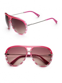 Give glamour a fun, vintage vibe with theses striped acetate frames. Available in fuchsia with lilac mirror gradient lens. Logo temples100% UV protectionMade in Italy Give glamour a fun, vintage vibe with theses striped acetate frames. Available in fuchsia with lilac mirror gradient lens. Logo temples100% UV protectionMade in Italy