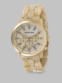 Horn design adds elegance to a chronograph style with shiny gold IP accents, bringing true luxury just a little bit closer to your wrist. Japanese analog movement Waterproof up to 5 ATM 40mm case with IP (ionic plating) gold elements Light champagne mother-of-pearl dial Three chronograph sub dials Round face Stone double indexes Second hand Acrylic horn bracelet Imported Horn design adds elegance to a chronograph style with shiny gold IP accents, bringing true luxury just a little bit closer to your wrist. Japanese analog movement Waterproof up to 5 ATM 40mm case with IP (ionic plating) gold elements Light champagne mother-of-pearl dial Three chronograph sub dials Round face Stone double indexes Second hand Acrylic horn bracelet Imported