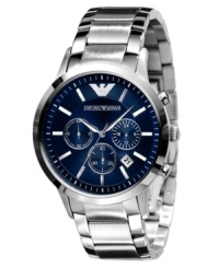 Traditional style with a sense of adventure, by Emporio Armani. This watch features a stainless steel bracelet and round case. Navy blue dial with silvertone stick indices, logo, date window and three subdils. Quartz movement. Water resistant to 50 meters. Two-year limited warranty. Traditional style with a sense of adventure, by Emporio Armani. This watch features a stainless steel bracelet and round case. Navy blue dial with silvertone stick indices, logo, date window and three subdils. Quartz movement. Water resistant to 50 meters. Two-year limited warranty.