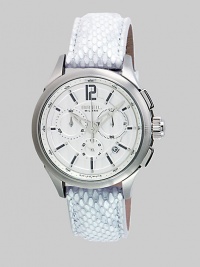 From the 939 Collection. Textured lizard leather brings exotic elegance to this timeless design of stainless steel with oversized round face. Quartz time module 2 movement Water resistant to 10 ATM Round stainless steel case, 40mm diameter(1.57) White dial Number and index markers Three chronograph sub dials Second hand Lizard leather strap Imported From the 939 Collection. Textured lizard leather brings exotic elegance to this timeless design of stainless steel with oversized round face. Quartz time module 2 movement Water resistant to 10 ATM Round stainless steel case, 40mm diameter(1.57) White dial Number and index markers Three chronograph sub dials Second hand Lizard leather strap Imported