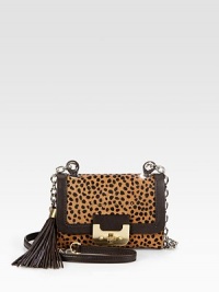 Beautiful leopard print hair calf with supple leather trim, perfect for all your essentials.Detachable leather and chain shoulder strap, 23½ dropTurnlock flap closureDetachable tassel accentOne outside open pocketOne inside zip pocketFully lined6¾W X 5H X 1½DImported Beautiful leopard print hair calf with supple leather trim, perfect for all your essentials.Detachable leather and chain shoulder strap, 23½ dropTurnlock flap closureDetachable tassel accentOne outside open pocketOne inside zip pocketFully lined6¾W X 5H X 1½DImported