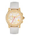 Never miss an opportunity to shine. Betsey Johnson doesn't on this watch crafted of a white leather strap and round gold tone stainless steel case. Bezel embellished with crystal accents. White mother-of-pearl chronograph dial features gold tone dot markers, Roman numerals, three subdials, heart at four o'clock, gold tone hour and minute hands, signature fuchsia second hand and logo. Quartz movement. Water resistant to 30 meters. Two-year limited warranty.