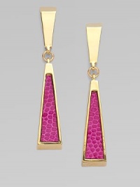 This chic style boasts boldly colored lizard skin inlays in 14k goldplated linear drops. Lizard skin14k goldplated white metal alloyDrop, about 2Post backMade in USA This chic style boasts boldly colored lizard skin inlays in 14k goldplated linear drops. Lizard skin14k goldplated white metal alloyDrop, about 2Post backMade in USA