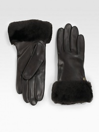 A soft, dyed shearling cuff and luxurious cashmere lining help make this leather style a cold weather essential. About 9 longSpecialist dry cleanImportedFur origin: Spain A soft, dyed shearling cuff and luxurious cashmere lining help make this leather style a cold weather essential. About 9 longSpecialist dry cleanImportedFur origin: Spain