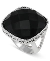 Make a bold statement at any engagement with this sterling silver ring. A square faceted onyx (24 mm) at the center only enhances the appeal. Approximate diameter: 9/10 inch. Size 7. Make a bold statement at any engagement with this sterling silver ring. A square faceted onyx (24 mm) at the center only enhances the appeal. Approximate diameter: 9/10 inch. Size 7.