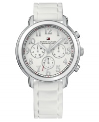 Classic styling and a fresh feminine white make this Tommy Hilfiger watch perfect for any occasion. White rubber strap. Silvertone stainless steel round case and round white dial with thee subdials, logo and numeral indices. Quartz movement. Water resistant to 50 meters. Ten-year limited warranty.