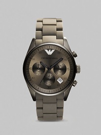 Classic chronograph functionality with a modern, sporty twist in stainless steel with a silicone-wrapped steel bracelet. Round bezel Quartz movement Three-eye chronograph functionality Water resistant to 3 ATM Date function Second hand Stainless steel case: 43mm (1.69) Silicone-wrapped bracelet: 23mm (0.90) Imported Classic chronograph functionality with a modern, sporty twist in stainless steel with a silicone-wrapped steel bracelet. Round bezel Quartz movement Three-eye chronograph functionality Water resistant to 3 ATM Date function Second hand Stainless steel case: 43mm (1.69) Silicone-wrapped bracelet: 23mm (0.90) Imported