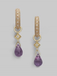 18K white gold shimmers with a diamond accent and vibrant amethyst briolette drop.Diamond, 0.03 tcw Amethyst 18K yellow gold Length, about ½ Imported Please note: Hoop earrings sold separately. 18K white gold shimmers with a diamond accent and vibrant amethyst briolette drop.Diamond, 0.03 tcw Amethyst 18K yellow gold Length, about ½ Imported Please note: Hoop earrings sold separately.