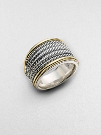 From the Wheaton Collection. A strikingly simple design combining woven rows of sterling silver with polished edges of 18k yellow gold. Sterling silver and 18k yellow gold Made in USA