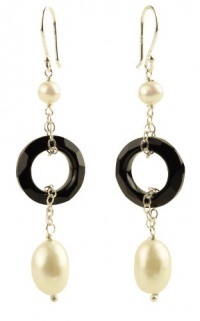 Sterling Silver Ear Wire Drop Earrings with Crystallized Swarovski Elements Jet Cosmic Faceted Ring and Freshwater Cultured Pearl Drop Sterling Silver Ear Wire Drop Earrings with Crystallized Swarovski Elements Jet Cosmic Faceted Ring and Freshwater Cultured Pearl Drop