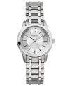 Mark each hour with graceful elegance. Watch by Bulova crafted of stainless steel bracelet and round case. Silver tone dial features applied stick indices, minute track, date window at three o'clock, three hands and logo. Quartz movement. Water resistant to 30 meters. Three-year limited warranty.