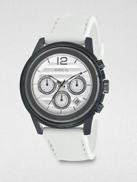 From the Orchestra collection, this chronograph watch features a clear glass insert and a silicone strap.Chronograph movementWater-resistant to 10ATMRound polycarbonate case: 45mm diameter(1.77)Gunmetal ion-plated bezelBar markerDate display at 5 o'clockSecond handSilicone strapImported From the Orchestra collection, this chronograph watch features a clear glass insert and a silicone strap.Chronograph movementWater-resistant to 10ATMRound polycarbonate case: 45mm diameter(1.77)Gunmetal ion-plated bezelBar markerDate display at 5 o'clockSecond handSilicone strapImported