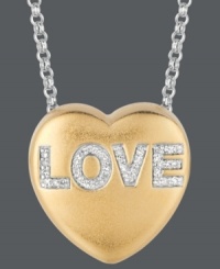 Say it loud and clear. Sweethearts' adorable heart-shaped pendant expresses more that just great style with the word LOVE written in round-cut diamonds (1/10 ct. t.w.) across the surface. Pendant crafted in 14k gold over sterling silver and sterling silver. Copyright © 2011 New England Confectionery Company. Approximate length: 16 inches + 2-inch extender. Approximate drop: 5/8 inch. Say it loud and clear. Sweethearts' adorable heart-shaped pendant expresses more that just great style with the word LOVE written in round-cut diamonds (1/10 ct. t.w.) across the surface. Pendant crafted in 14k gold over sterling silver and sterling silver. Copyright © 2011 New England Confectionery Company. Approximate length: 16 inches + 2-inch extender. Approximate drop: 5/8 inch.