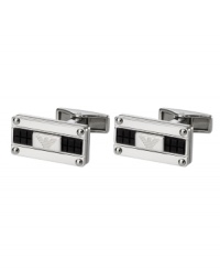 Spruce up your daily work attire with style that makes a statement. These Emporio Armani logo cuff links shine in stainless steel with black silicone accents in a square pattern. Approximate size: 1 inch. Spruce up your daily work attire with style that makes a statement. These Emporio Armani logo cuff links shine in stainless steel with black silicone accents in a square pattern. Approximate size: 1 inch.