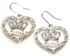 Silver Tone Designer Inspired Heart and Crown Crystal Dangle Couture Style Fashion Earrings - White Gold Plating