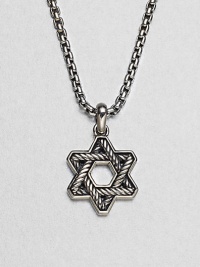 The familiar angles of the Star of David are intricately carved, set in polished sterling silver on a box-chain necklace.Sterling silverbulletNecklace, about 20 longPendant, about 1 wideLobster claspImported