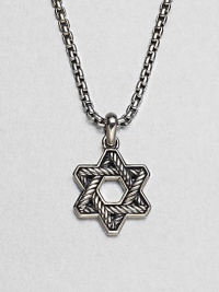 The familiar angles of the Star of David are intricately carved, set in polished sterling silver on a box-chain necklace.Sterling silverbulletNecklace, about 20 longPendant, about 1 wideLobster claspImported The familiar angles of the Star of David are intricately carved, set in polished sterling silver on a box-chain necklace.Sterling silverbulletNecklace, about 20 longPendant, about 1 wideLobster claspImported