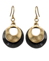 Futuristic fashion, by Kenneth Cole New York. Circular orbit drop earrings crafted from two rich hues of iridescent mixed metal accented with crystal details. Approximate drop: 1-1/2 inches. Futuristic fashion, by Kenneth Cole New York. Circular orbit drop earrings crafted from two rich hues of iridescent mixed metal accented with crystal details. Approximate drop: 1-1/2 inches.