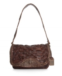 Tell me about it, stud. This gorgeous studded shoulder bag from Frye features a woven flap, signature charm at handle base, and eye-catching studding at flap border and strap. Tell me about it, stud. This gorgeous studded shoulder bag from Frye features a woven flap, signature charm at handle base, and eye-catching studding at flap border and strap.