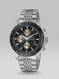 From the G-Timeless Collection. A sleek and sporty chronograph timepiece with automatic movement and brown sunray sub-dials.Automatic movement Water resistant to 3 ATM Round stainless steel case, 44mm, (1.73) Black diamond pattern center with sunbrushed frame Brown sunray sub-dials Index hour markers Date display at 4 o'clock Second hand Stainless steel bracelet Made in Swizterland From the G-Timeless Collection. A sleek and sporty chronograph timepiece with automatic movement and brown sunray sub-dials.Automatic movement Water resistant to 3 ATM Round stainless steel case, 44mm, (1.73) Black diamond pattern center with sunbrushed frame Brown sunray sub-dials Index hour markers Date display at 4 o'clock Second hand Stainless steel bracelet Made in Swizterland