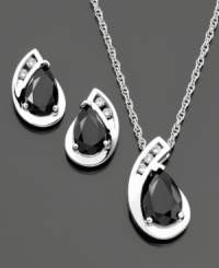 Deep black pear-cut onyx (5-9 mm) is a dramatic contrast to the shining sterling silver and glistening round-cut diamonds (1/8 ct. t.w.) on this beautiful necklace & earring set. Necklace measures approximately 18 inches long with a 3/4-inch drop. Deep black pear-cut onyx (5-9 mm) is a dramatic contrast to the shining sterling silver and glistening round-cut diamonds (1/8 ct. t.w.) on this beautiful necklace & earring set. Necklace measures approximately 18 inches long with a 3/4-inch drop.