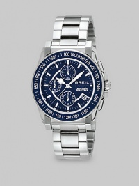 A sophisticated dress look crafted in stainless steel with renowned Swiss precision and luminous, easy-to-read hands. Round bezel Quartz movement Three-eye chronograph functionality Water resistant to 10ATM Second hand Stainless steel case: 41.5mm (1.63) Stainless steel bracelet Diver clasp with safety lock Imported A sophisticated dress look crafted in stainless steel with renowned Swiss precision and luminous, easy-to-read hands. Round bezel Quartz movement Three-eye chronograph functionality Water resistant to 10ATM Second hand Stainless steel case: 41.5mm (1.63) Stainless steel bracelet Diver clasp with safety lock Imported
