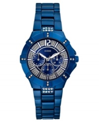 Dark blues take this shimmering aluminum watch to intriguing heights, by GUESS. Dark blues take this shimmering aluminum watch to intriguing heights, by GUESS.