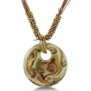 Gold, Lime and Black Murano Glass Circle Disk Pendant on 19 Inch Beaded Cord Necklace