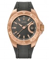 Complement your style with this smart Curacao collection watch by Bulova Accutron. Black textured rubber strap and round rose-gold ion-plated stainless steel case with rotating bezel and anti-reflective sapphire crystal. Black grid-patterned dial features rose-gold tone stick indices, minute track, date window at three o'clock, luminous hands and logo. Swiss mechanical Sellita movement. Water resistant to 300 meters. Five-year limited warranty.
