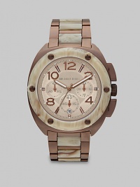 A beautiful blend of rich espresso-tone stainless steel and glossy horn print acetate come together in this unique technical timepiece. Quartz movementWater resistant to 10 ATMRound espresso-tone stainless steel case, 43mm (1.7) Rivet accented horn print acetate bezelCream dialBar and numeral hour markersDate display at 6 o'clockSecond hand Espresso-tone stainless steel and horn print acetate link braceletImported A beautiful blend of rich espresso-tone stainless steel and glossy horn print acetate come together in this unique technical timepiece. Quartz movementWater resistant to 10 ATMRound espresso-tone stainless steel case, 43mm (1.7) Rivet accented horn print acetate bezelCream dialBar and numeral hour markersDate display at 6 o'clockSecond hand Espresso-tone stainless steel and horn print acetate link braceletImported