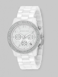 A sparkling chronograph with a modern ceramic finish on stainless steel and a Swarovski crystal bezel. Quartz movement Water-resistant to 5 ATM Ceramic stainless steel case Crystal-set bezel Round case; 39mm diameter (1.54) Three chronograph sub dials Arabic numerals and hour markers Date display at 4:00 Second hand Link bracelet; 19mm wide (.75) Deployant buckle Imported A sparkling chronograph with a modern ceramic finish on stainless steel and a Swarovski crystal bezel. Quartz movement Water-resistant to 5 ATM Ceramic stainless steel case Crystal-set bezel Round case; 39mm diameter (1.54) Three chronograph sub dials Arabic numerals and hour markers Date display at 4:00 Second hand Link bracelet; 19mm wide (.75) Deployant buckle Imported