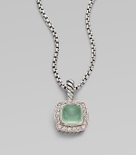 From the Petite Albion Collection. An exquisite design with dazzling pavé diamonds surrounding an aqua chalcedony stone center set in sterling silver on a box link chain. Aqua chalcedonyDiamonds, .2 tcwSterling silverLength, about 17Pendant size, about ¼Lobster clasp closureImported 