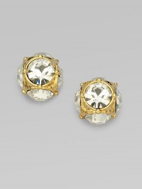 Sparkling glass studs gleam from under a delicate, golden pattern. Glass 12k goldplated Diameter, about ½ 14k gold-filled post back Imported Sparkling glass studs gleam from under a delicate, golden pattern. Glass 12k goldplated Diameter, about ½ 14k gold-filled post back Imported