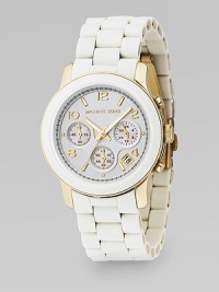 Rubber and goldtone make a sporty match. 38mm stainless steel case Round face Chronograph movement Number markers Waterproof up to 10 ATM Second hand Goldplated stainless steel and PU bracelet Imported Rubber and goldtone make a sporty match. 38mm stainless steel case Round face Chronograph movement Number markers Waterproof up to 10 ATM Second hand Goldplated stainless steel and PU bracelet Imported