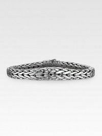 A modern, edgy look is intricately handwoven in polished sterling silver. Signature dual-locking clasp About 8½ long Made in USA