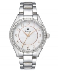 Magnificent details shine on this luminous watch from Bulova. Stainless steel bracelet and round case. Bezel embellished with crystal accents. White mother-of-pearl dial features applied rose gold tone numerals at markers, three rose gold tone hands and logo. Quartz movement. Water resistant to 30 meters. Three-year limited warranty. Magnificent details shine on this luminous watch from Bulova. Stainless steel bracelet and round case. Bezel embellished with crystal accents. White mother-of-pearl dial features applied rose gold tone numerals at markers, three rose gold tone hands and logo. Quartz movement. Water resistant to 30 meters. Three-year limited warranty.