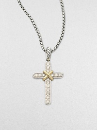 A cross of luminous pavé diamonds, accented with 18k yellow gold, hangs from a sterling silver chain.Diamond, 0.25 tcw 18k yellow gold Sterling silver Pendant length, about ¾ Chain length, about 16-17 Lobster clasp Imported