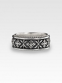 Modern and antiqued at once in sterling silver, finely crafted with handsome engraving. 8mm wide Made in USA Modern and antiqued at once in sterling silver, finely crafted with handsome engraving. 8mm wide Made in USA