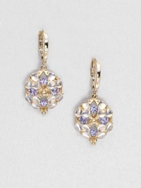 A pretty cluster of luminous royal blue moonstone and faceted tanzanite set in radiant 18k gold and accented with sparkling diamonds. Royal blue moonstone and tanzaniteDiamonds, .03 tcw18k goldSize, about 1Lever backMade in Italy A pretty cluster of luminous royal blue moonstone and faceted tanzanite set in radiant 18k gold and accented with sparkling diamonds. Royal blue moonstone and tanzaniteDiamonds, .03 tcw18k goldSize, about 1Lever backMade in Italy